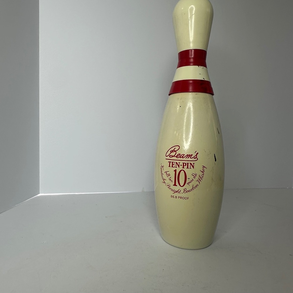 Vintage Jim Beam Ten-Pin Bowling Pin Bourbon Whiskey Decanter Cream Red 10 Year